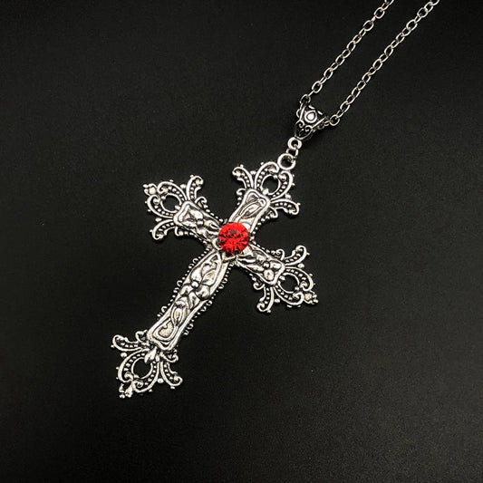 Large Detailed Cross Drill Pendant Jewel Necklace Silver Color Tone