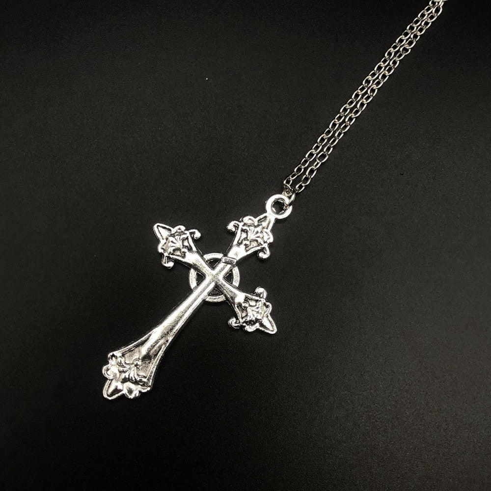 Large Detailed Cross Drill Pendant Jewel Necklace Silver Color Tone