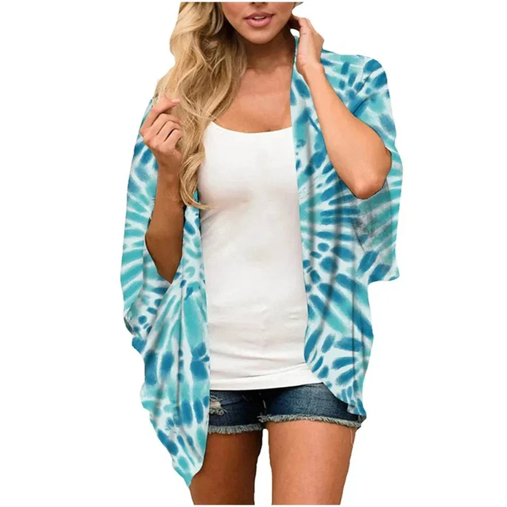Women'S Swimwear 2023 Cardigans For Women Clearance Fashion Womens Middle Short Sleeve Print Chiffon Cardigan Beach Loose Tops