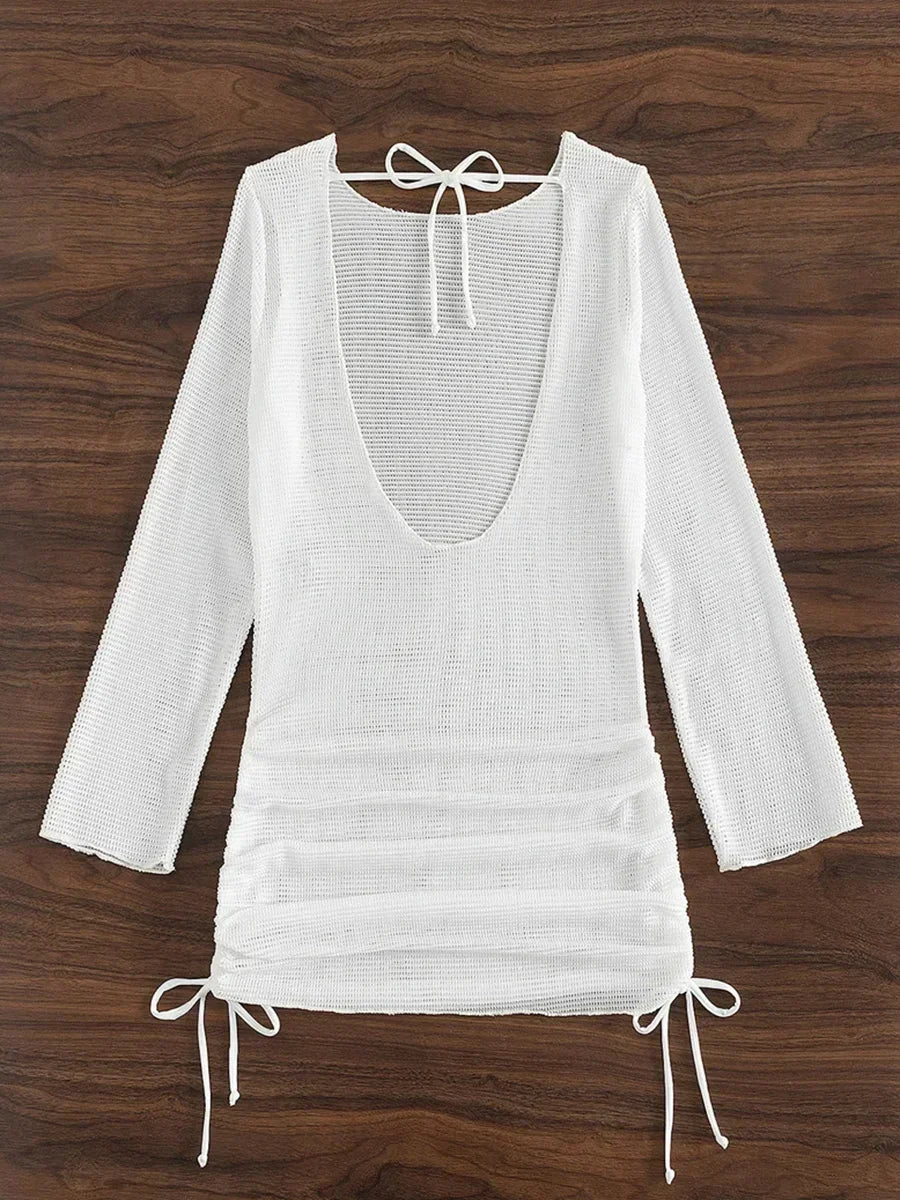 S - XL Long Sleeve Backless Crochet Knitted Tunic Beach Cover Up Women