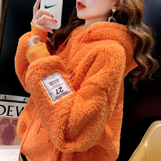 2025 New Women's Hooded Sweatshirt Lamb Velvet Embroidered Letter Korean Version Loose Fit Cross-Border Design Sense