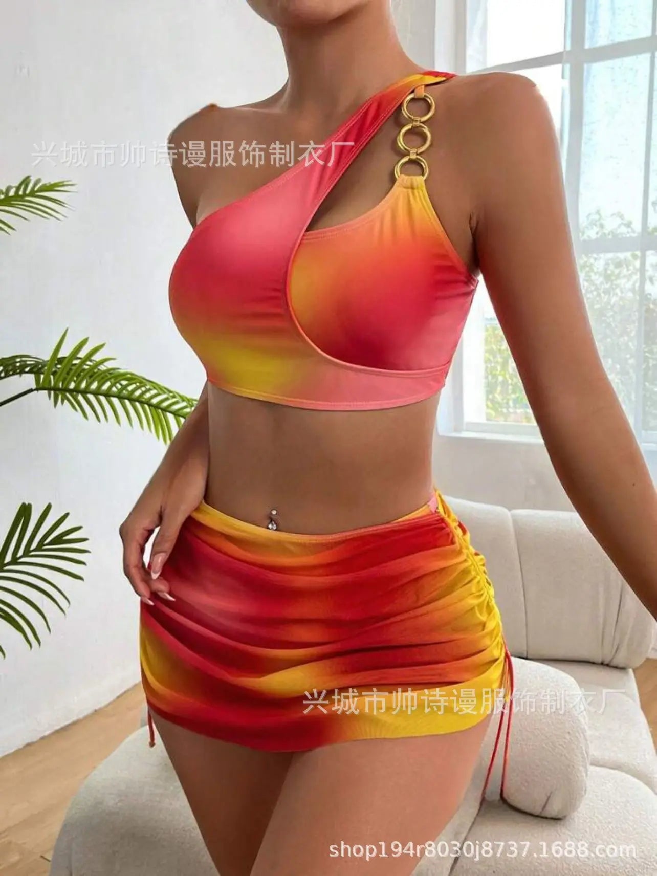 2024 New European American Cross-border Swimsuit Tie-dyed Split Bikini One-shoulder Sexy Three-piece Set Foreign Trade Swimsuit