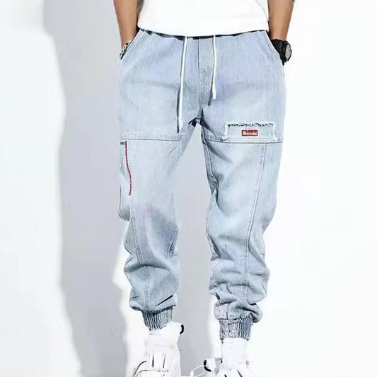 Loose Denim Pants Men Jeans Solid Color Drawstring Waist Harem Pants