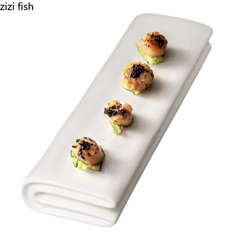 Solid Color Ceramic Folding Long Plate Restaurant Sushi Plate Dessert