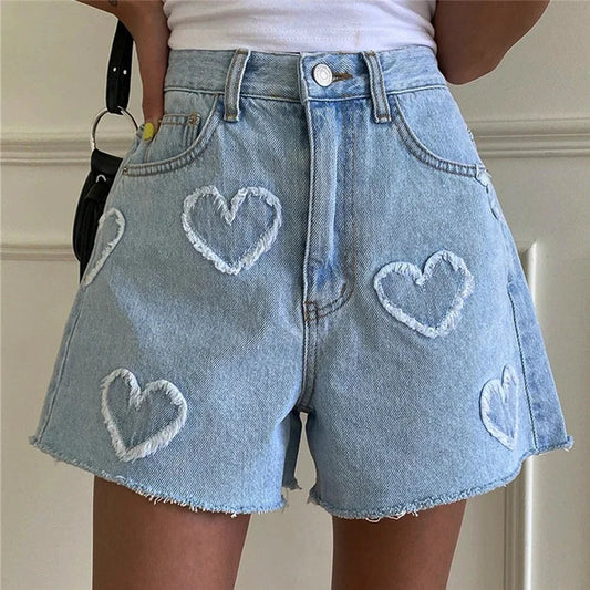 Korean Summer Y2K High Waist Jorts LOVE Heart Shaped Pattern Women's
