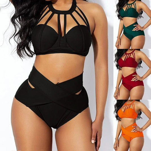2024 High Waist Sexy Solid Color Women's Bikini Split Swimsuit Push Up