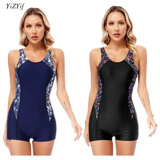 Women One-piece Print Swimsuit Sleeveless Boyleg Padded Athletic Rash