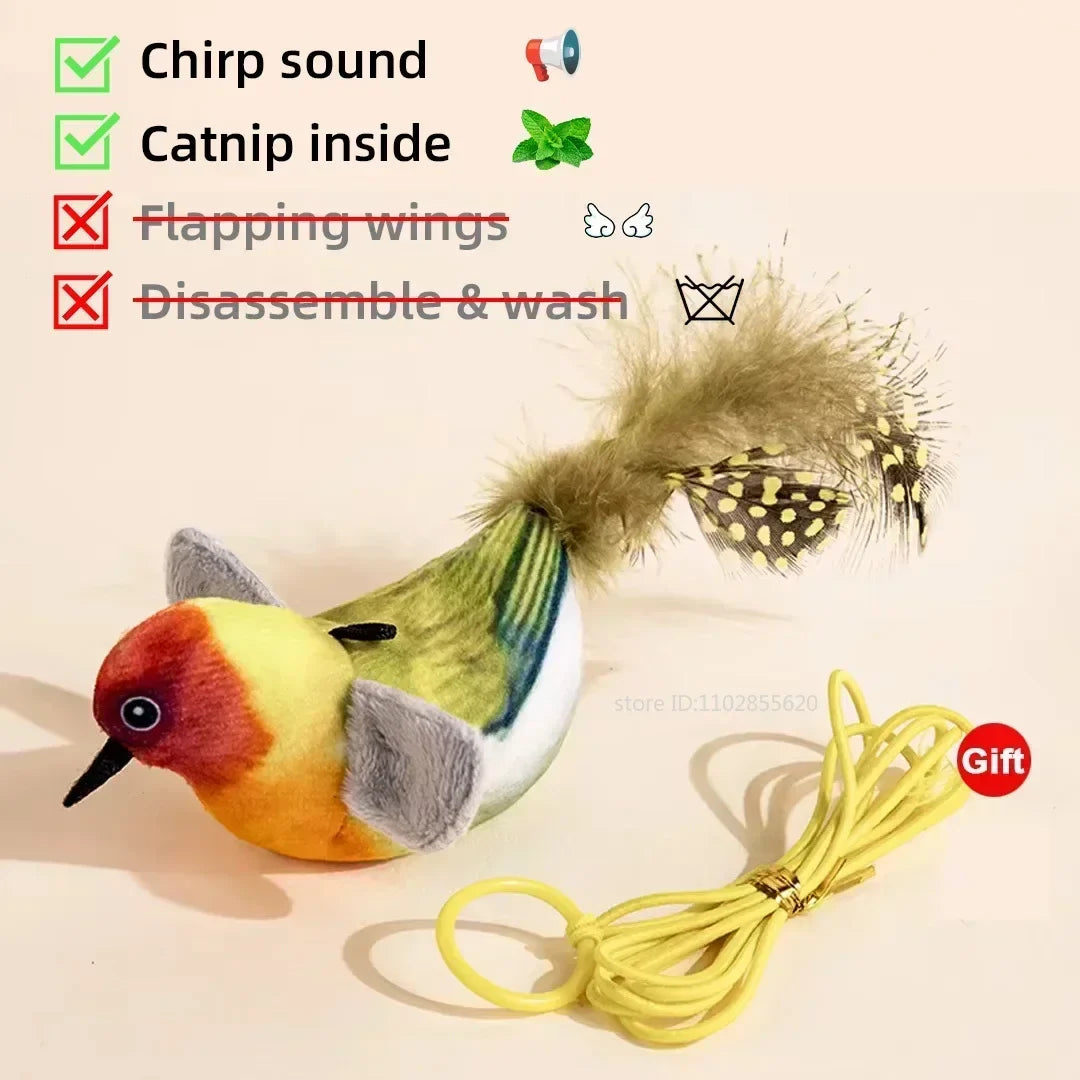 Interactive Cat Toy Chirping Flapping Sparrow Dog Toys Rechargeable Touch Squeak Bird-Shaped Plush Toy with Catnip Pet Supply