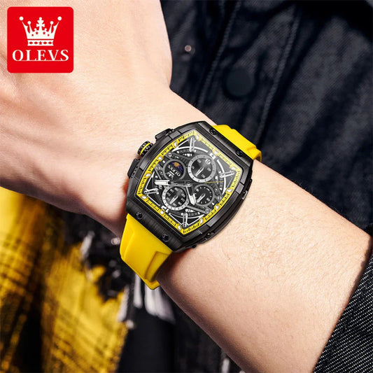 OLEVS 2975 Men's Watches Hollowed Quartz Wristwatch Silicone Strap Tonneau Large Dial Design Waterproof Luminous Watch for Men