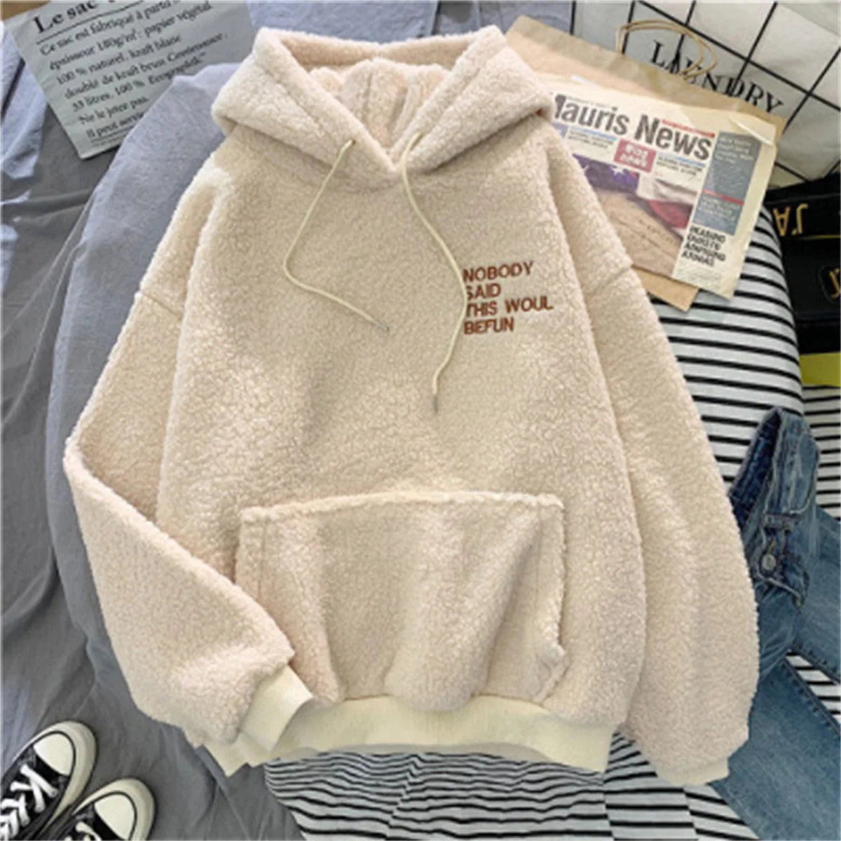Autumn Winter Fashion Hooded Sweatshirt Women Korean Loose Solid Letter Tops Long Sleeve Warm Outfit Hoodie Lady Casual Street