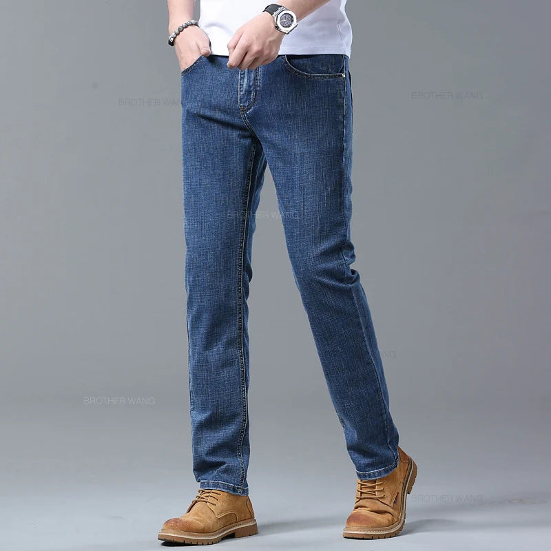 Spring Men's Light Blue Slim Jeans Stylish Casual Stretch Fabric Denim