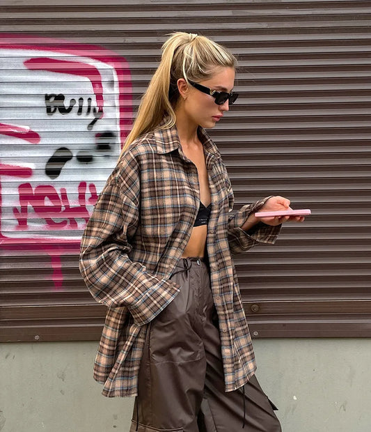 Spring Autumn Vintage Plaid Checkered Shirt Women's Long Sleeve Blouse
