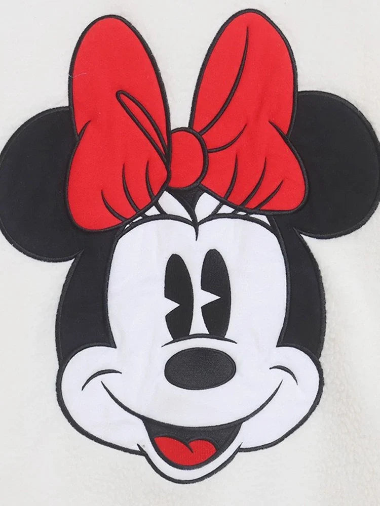 Disney Minnie Mouse Letter Print Embroidery Lamb's Wool Sweatshirt Women Long Sleeve Jacket Jumper Tops White Streetwear Female