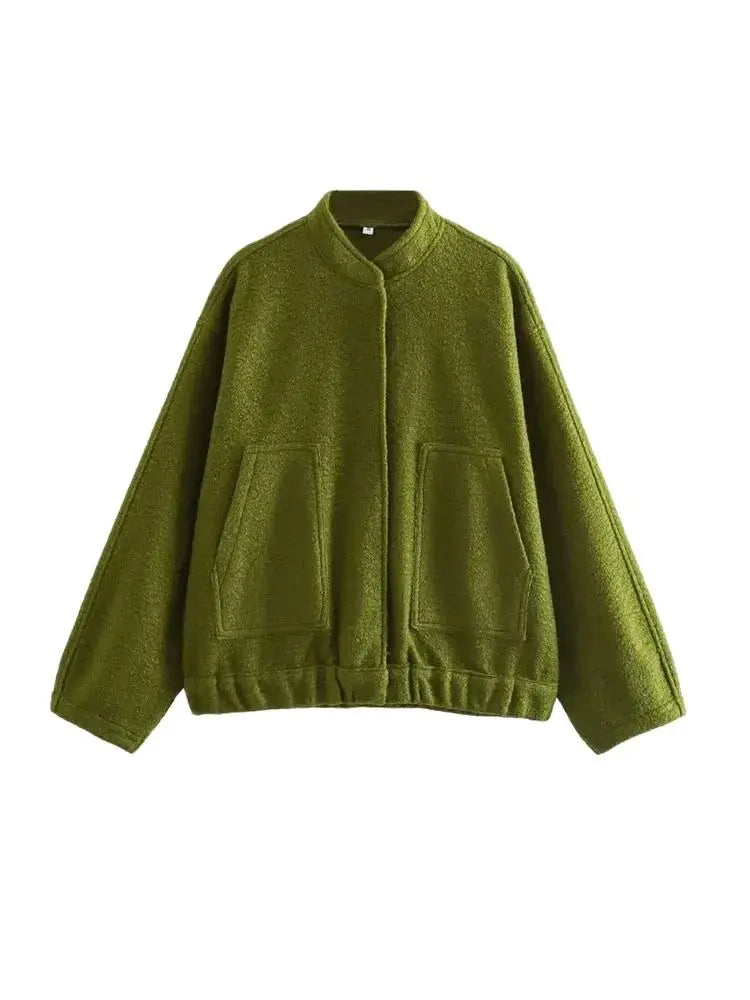 Women Fashion With Pockets Oversized Bomber Jacket Coat Vintage Long Sleeve Snap Button Female Outerwear Chic Tops