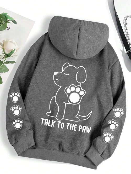 Talk To The Paw Funny Dog Cartoon Print Hoodie Women Warm Fleece Hoody