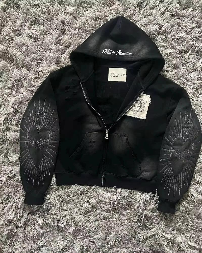 American Hip Hop Joker Pattern Embroidered Zipper Hoodie Women Street Y2K New Punk Fleece Padded Sweatshirt Unisex Casual Hoodie