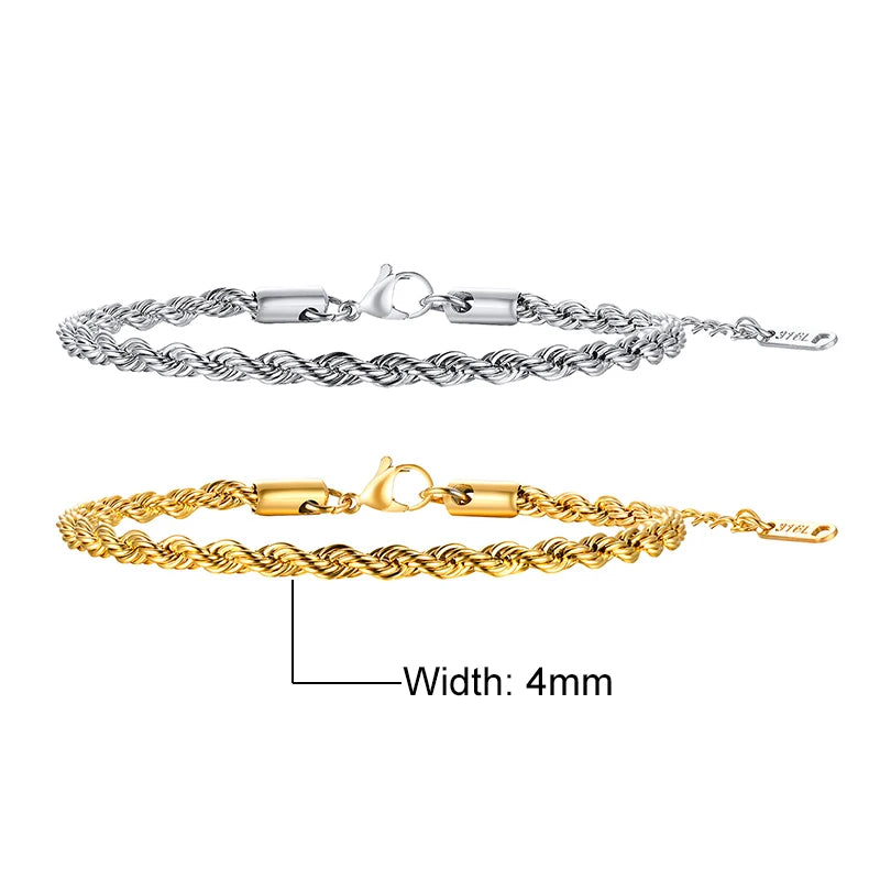 Vnox Unisex Rope Chain Bracelets for Men Women, Stainless Steel Twisted Links Chain Bracelet,Simple Classic Jewelry Gift for Him