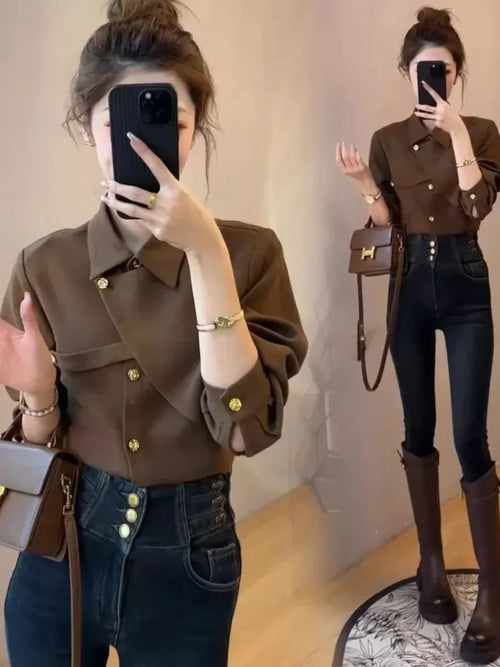 2025 New Spring Thicken Long Sleeve Shirts for Women Solid Black Front
