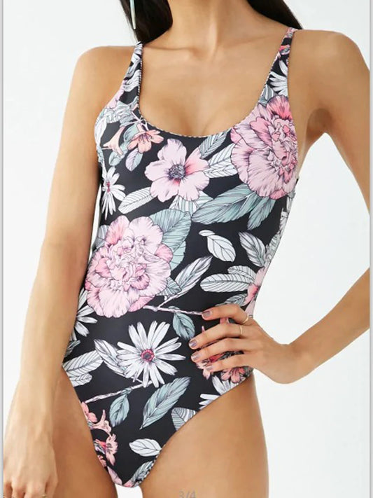 Sexy High Cut Women's Swimsuit Vintage Print One Piece Swimwear Women