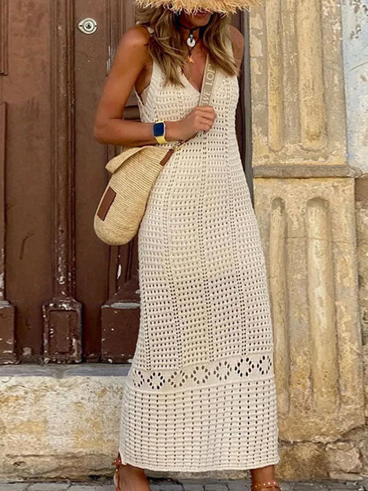S - XL 2025 V Neck Hollow Out Crochet Knitted Tunic Beach Cover Up