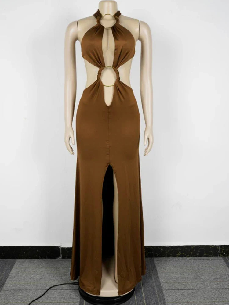 Kricesseen Sexy Cut-Out O-Rings Metal Ruched Maxi Dress Holiday Outfits Womens Lace-Up Bandage Party Dresses Night Out Vestidos