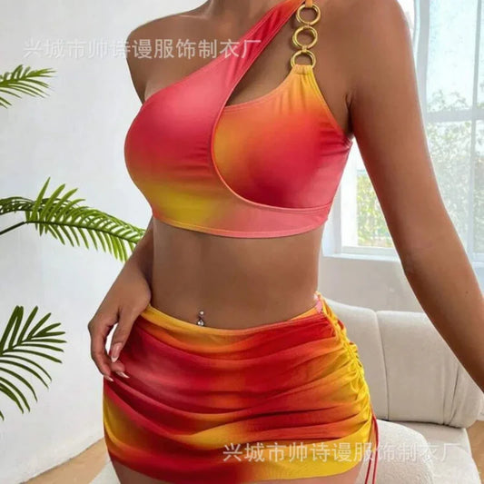 2024 New European American Cross-border Swimsuit Tie-dyed Split Bikini One-shoulder Sexy Three-piece Set Foreign Trade Swimsuit