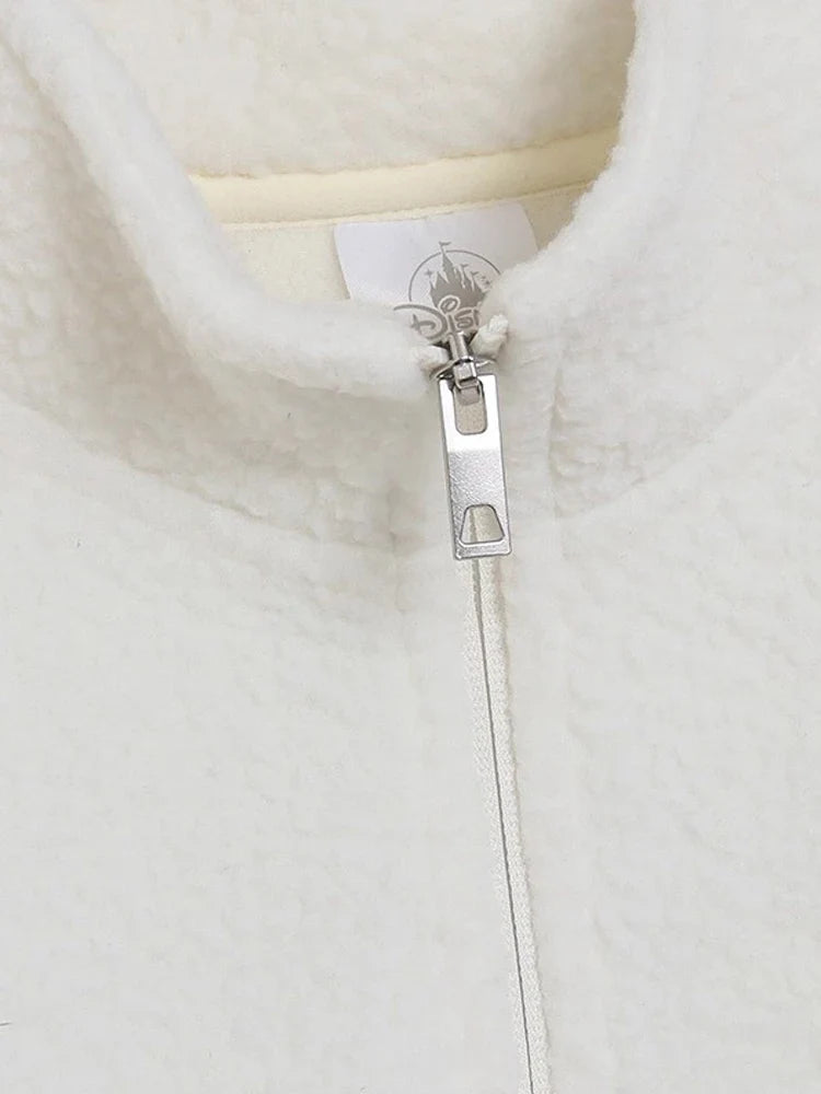 Disney Minnie Mouse Letter Print Embroidery Lamb's Wool Sweatshirt Women Long Sleeve Jacket Jumper Tops White Streetwear Female