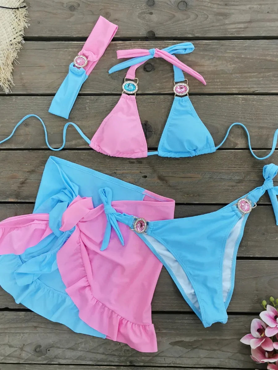 Sexy Skirt 4 Pieces Bikini Set Women Luxury Blue Patchwork Rhinestone Push Up Cover Up Swimsuit 2024 Beach Bathing Suit Swimwear