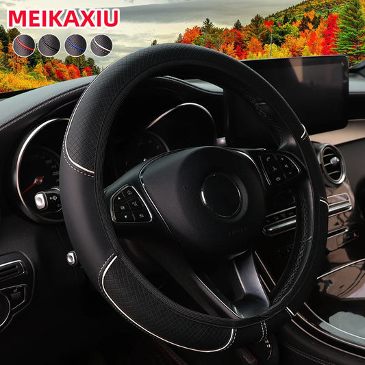 A leather embosed red blue strip trim car without inner ring steering
