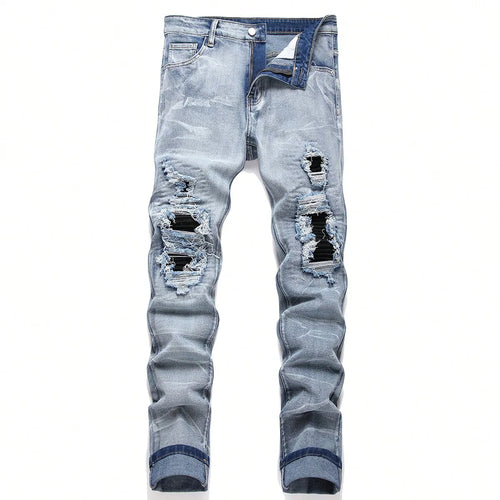 Men‘s Stretchy Denim Jeans Streetwear Tearing Patchwork Holes Ripped