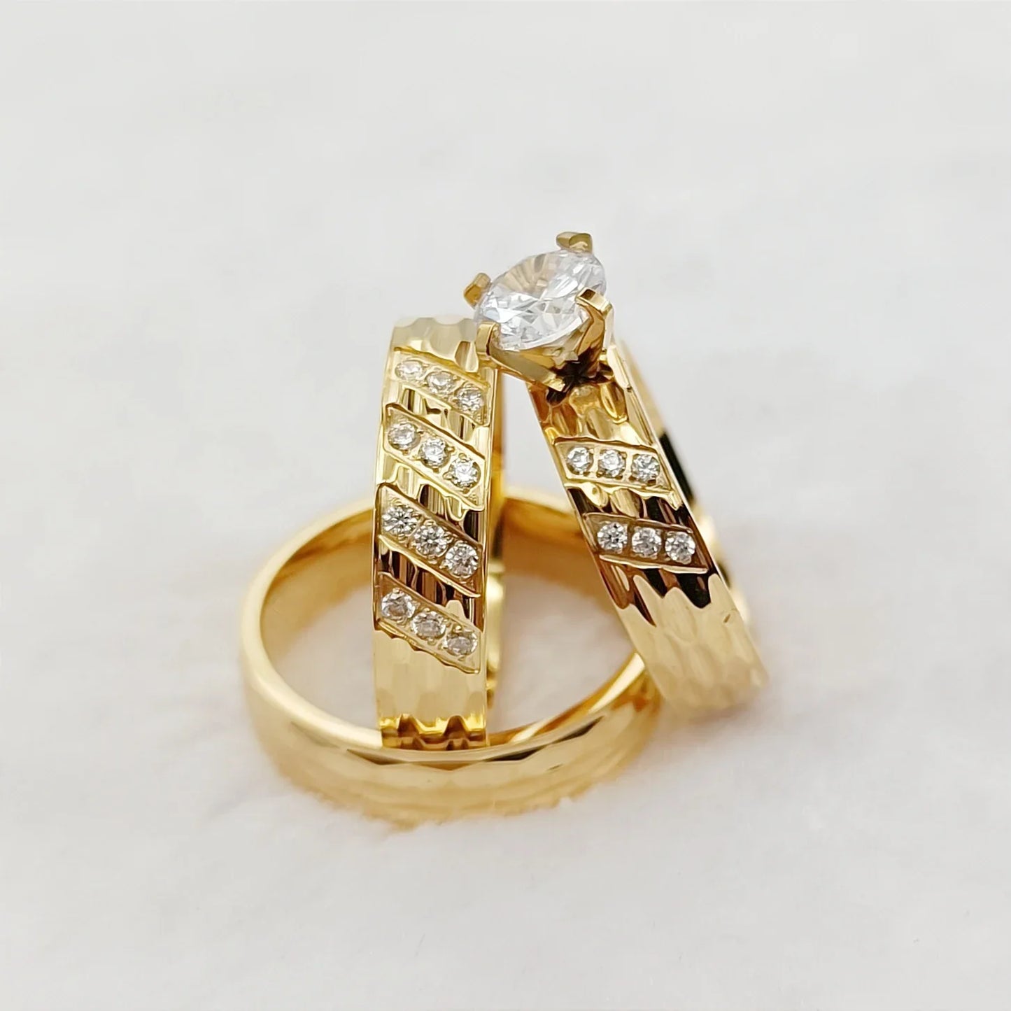 Wedding Rings Sets For Men And Women 3pcs Unique Designer Hammered 24k Gold Plated Jewelry cz Diamond Couples Engagement Ring
