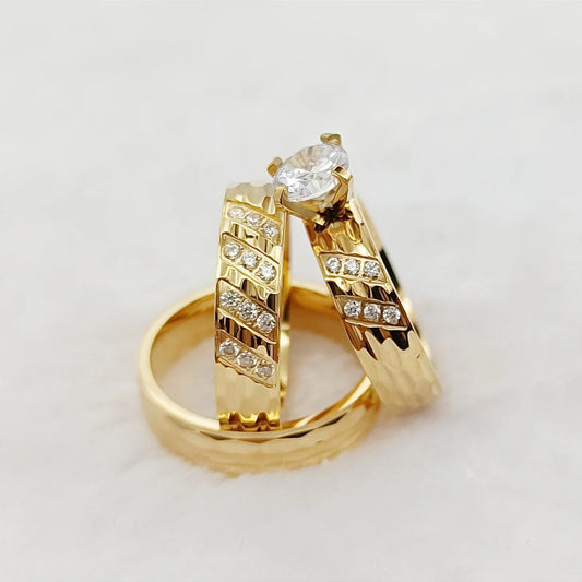 Wedding Rings Sets For Men And Women 3pcs Unique Designer Hammered 24k Gold Plated Jewelry cz Diamond Couples Engagement Ring