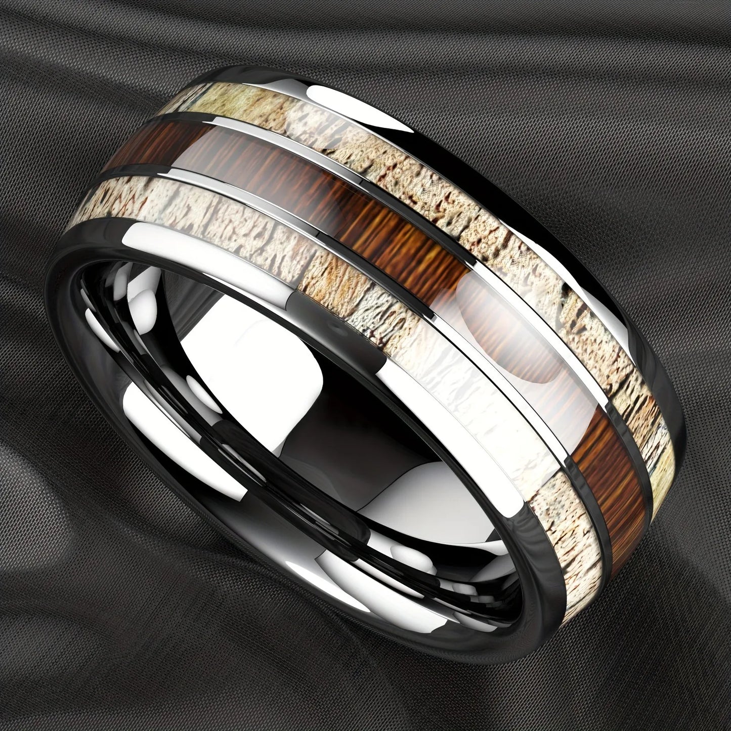 Fashion 8mm Black Stainless Steel Guitar String Rings for Men Whiskey Barrel Wood Inlay Guitarist Ring Men Wedding Band Jewelry