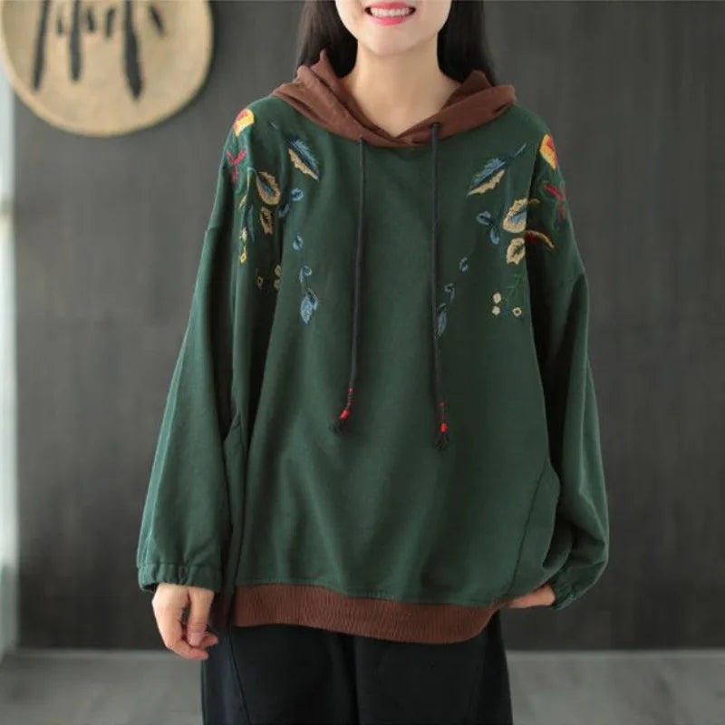 Brown Hoodies Embroidered Female Clothes Hooded Red Sweatshirts for Women Loose Green Baggy Tops Aesthetic Thick Goth Trend Emo