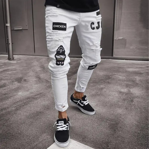 Punk Plus Size Pants Men Skinny Ripped Hole Patchwork Jeans Slim