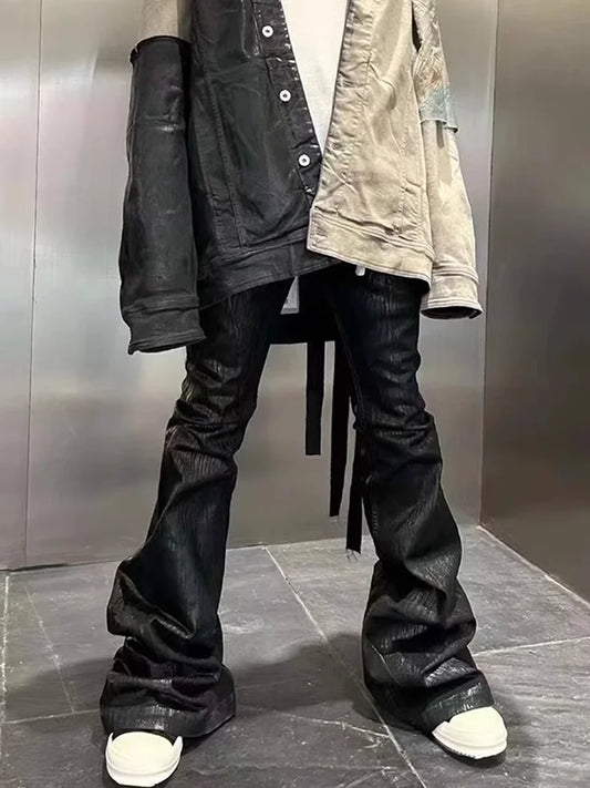 Streetwear Black Wax Leather Strecth Jeans for Men Ropa Hombre Baggy