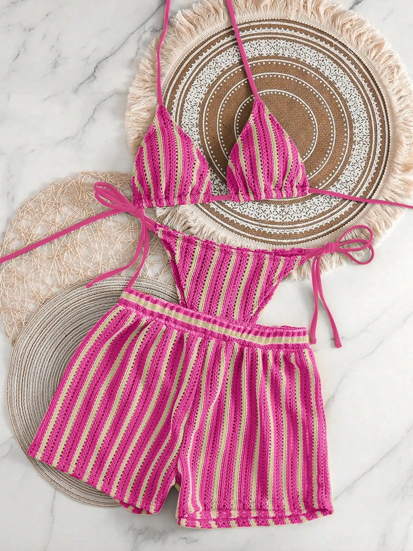 New 3 Piece Vacation Swimsuit Set - Sexy Mesh Tie-Up Bikini with High Cut Bottoms for Women Multi-Color Beachwear