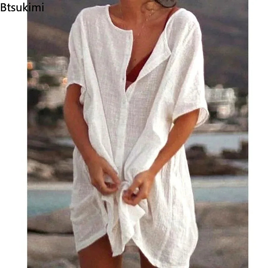 2024 Women's Cotton Linen Beach Dress Solid Summer Casual Cover-ups