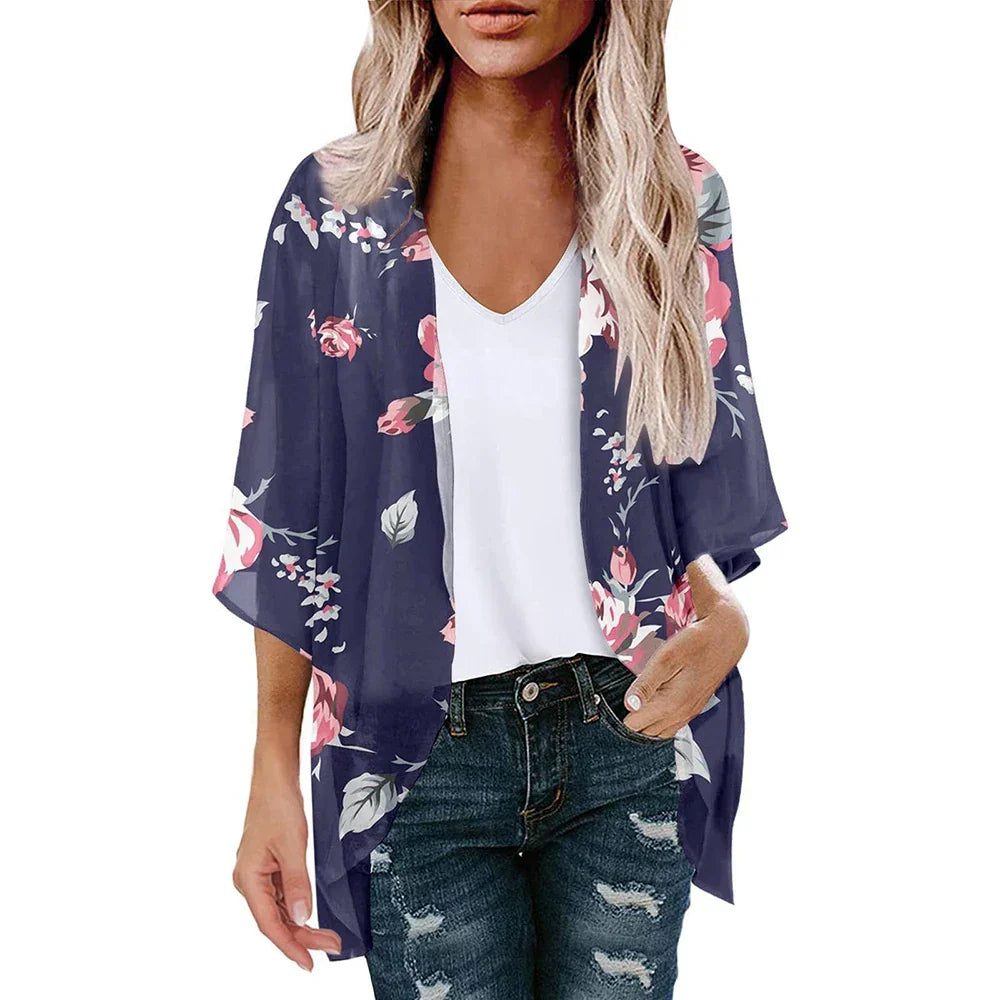 New Women Chiffon Blouse Kimono Tops Cardigan Leaves Print Beach Blouse Shawl Loose Hawaiian Outwear Swim Cover Up  Beach Wear