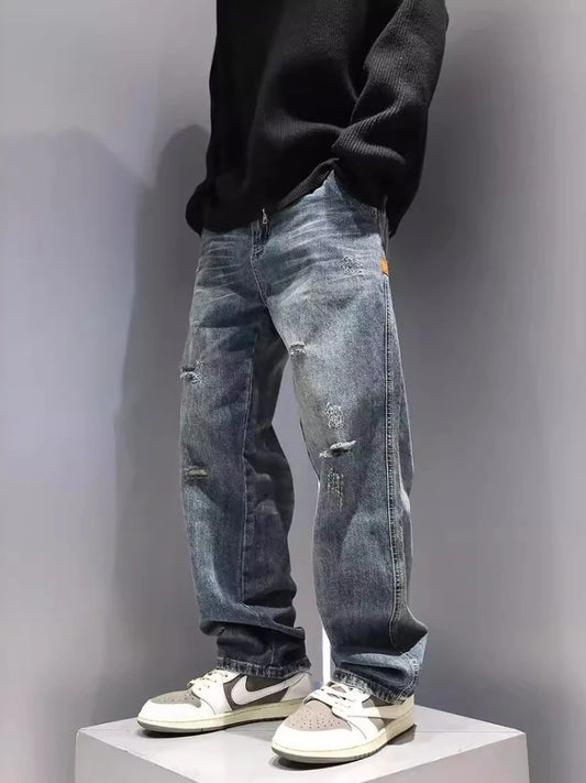New Men's Ripped Jeans Baggy Straight Fashion Vintage Blue Denim Pants