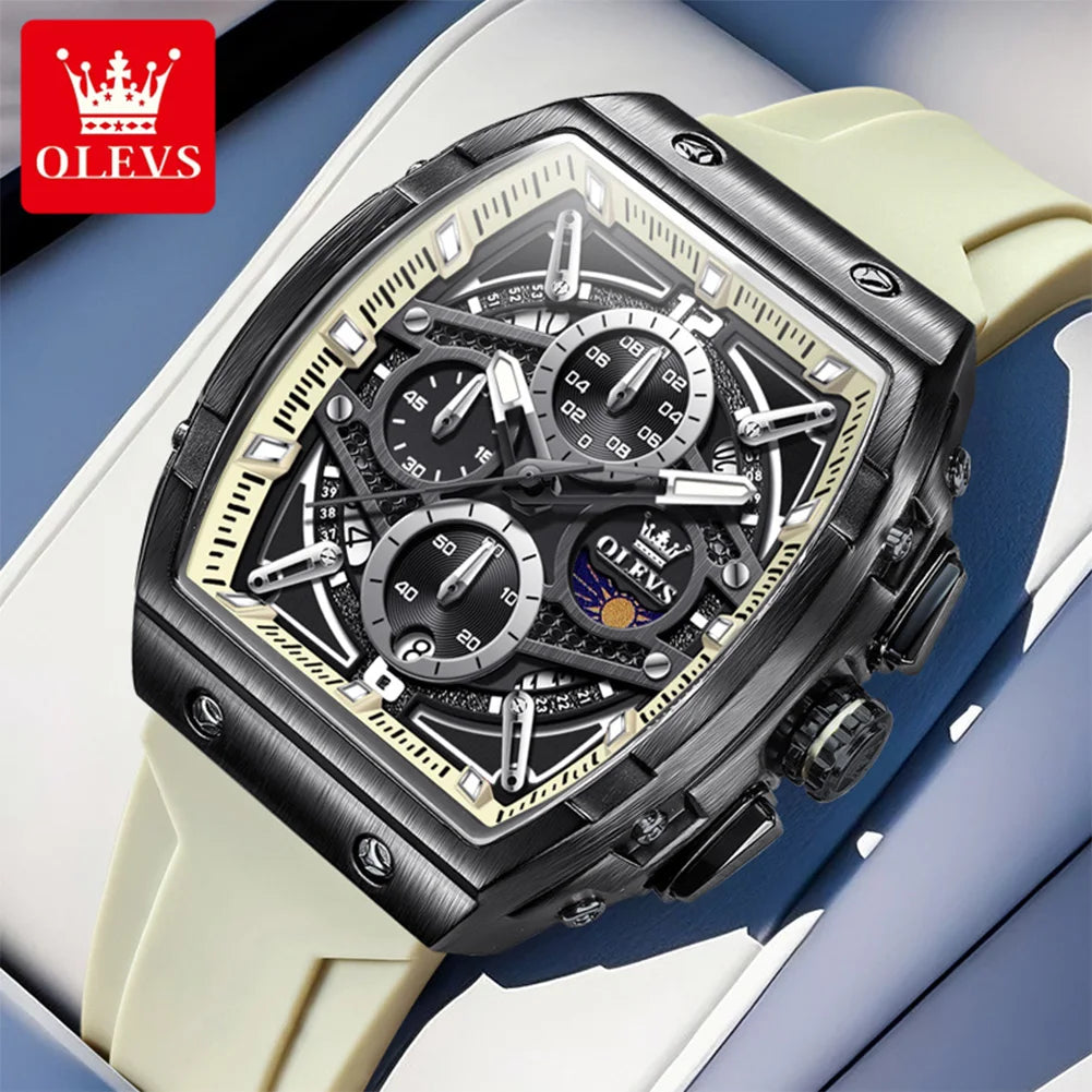 OLEVS 2975 Men's Watches Hollowed Quartz Wristwatch Silicone Strap Tonneau Large Dial Design Waterproof Luminous Watch for Men