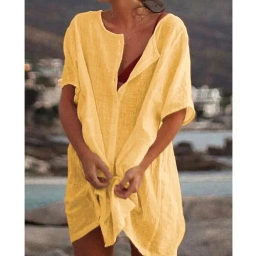 2024 Women's Cotton Linen Beach Dress Solid Summer Casual Cover-ups