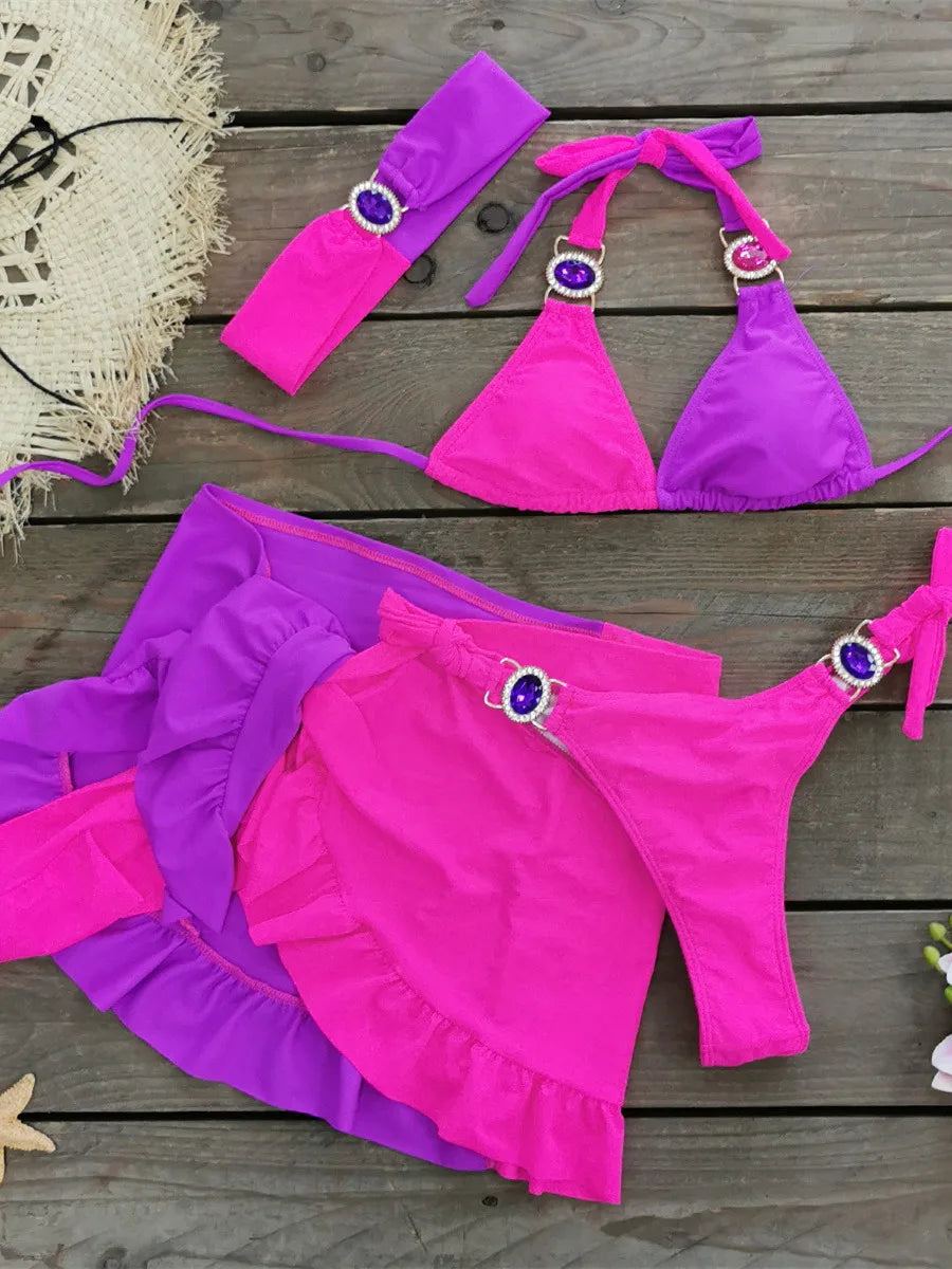 Sexy Skirt 4 Pieces Bikini Set Women Luxury Blue Patchwork Rhinestone Push Up Cover Up Swimsuit 2024 Beach Bathing Suit Swimwear