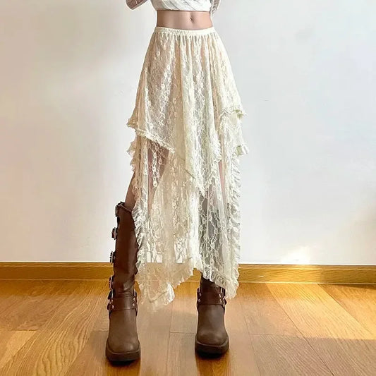 Lace Asymmetrical Skirt Fairycore Women Vintage Y2K Boho Aesthetic