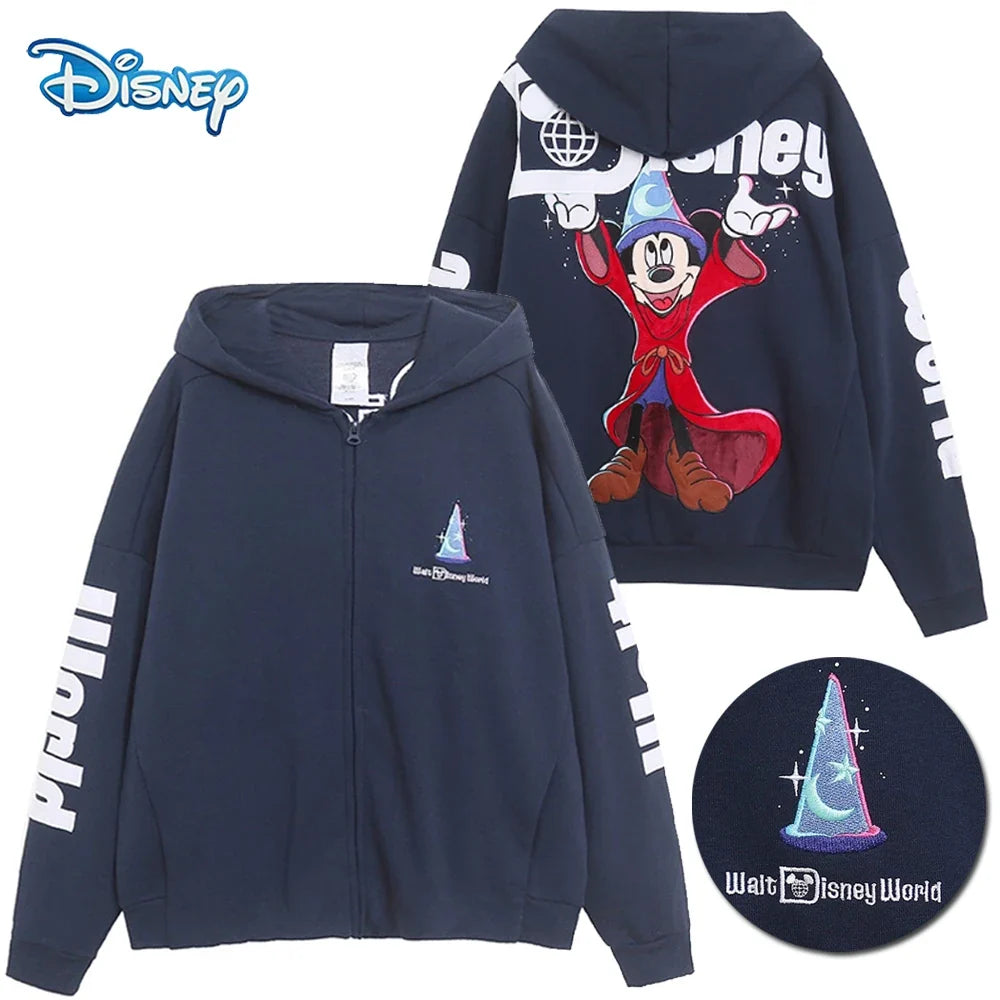 Disney World Castle Letter Magic Mickey Mouse Cartoon Print Embroidery Fleece Sweatshirt Women Hooded Zipper VELOUR Jumper Top