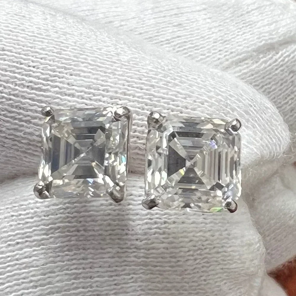 1/2/3CT Asscher Cut Moissanite Stud Earrings with Certificate Square Solitaire Lab Diamond Earring for Women S925 Silver Jewelry