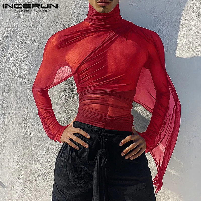 Fashion Sexy Style Tops INCERUN New Men's See-through Pleated T-shirt