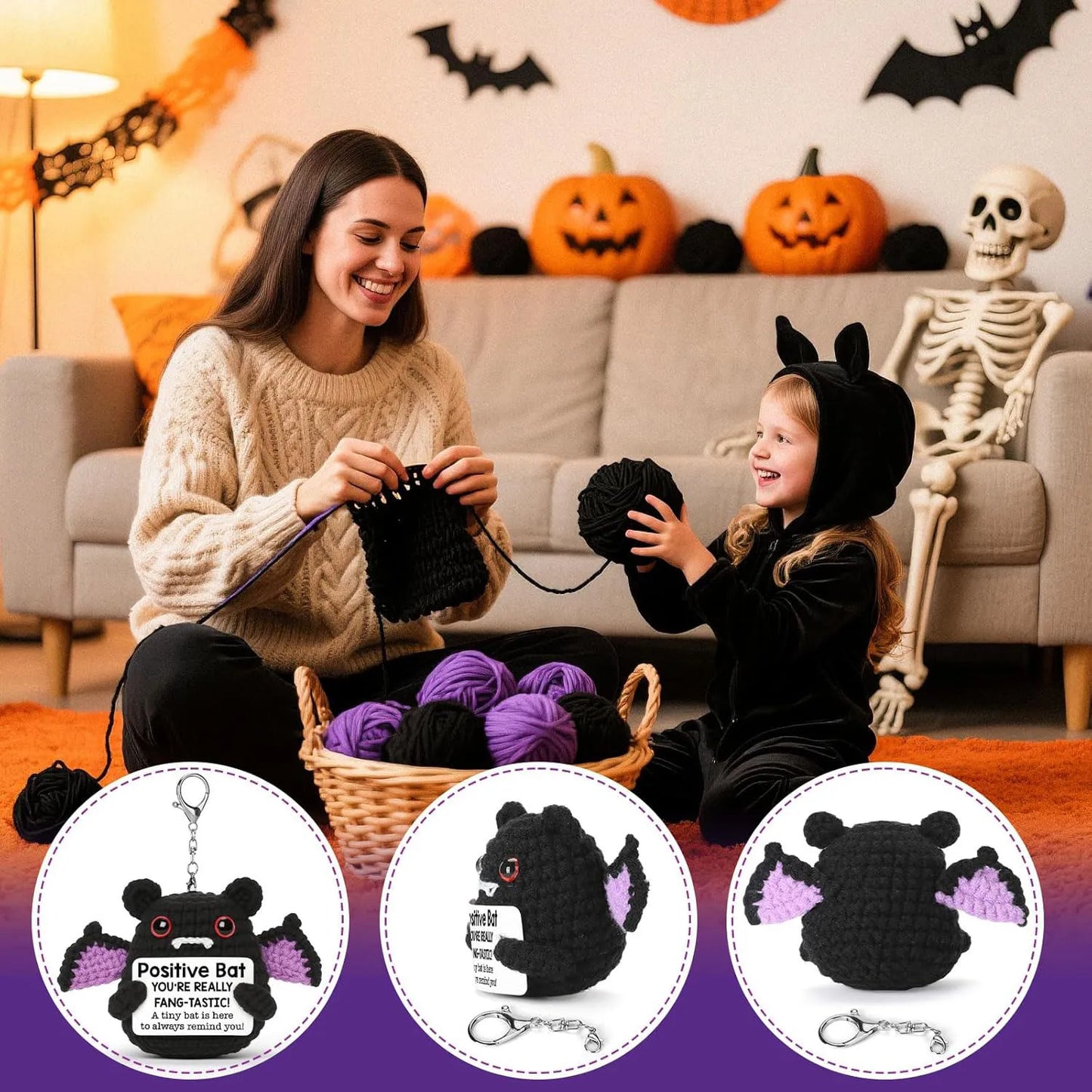 Handmade Positive Bat Doll With Card Home Decoration Knitting Bat Halloween Egg Doll Ornament Room Decor Halloween Party Gift
