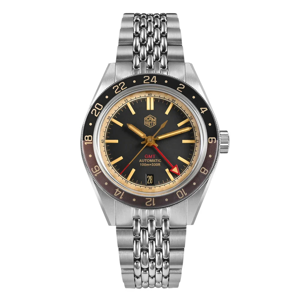 San Martin New 39.5mm NH34 GMT Men Watch Bidirectional Aluminum Bezel Luxury Automatic Mechanical Sapphire 10Bar Luminous SN0116