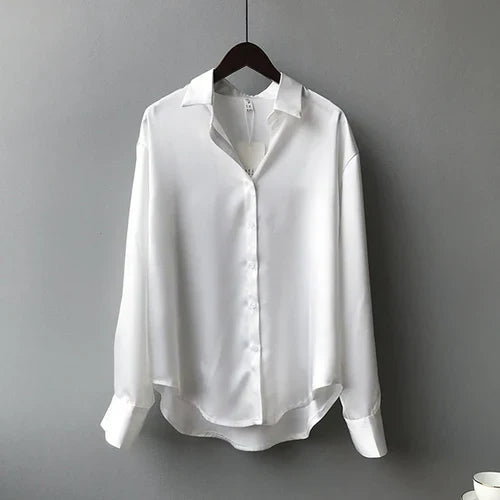 Elegant Satin Loose Women Shirt Spring Turn-down Collar Ladies Blouse